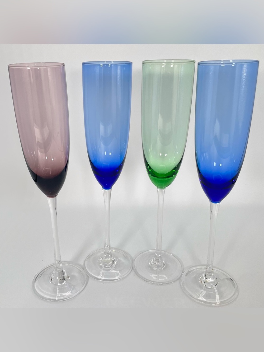 Set of 4 Art Glass Champagne Flutes Colored Bowls Clear Stem Lenox Gems Style